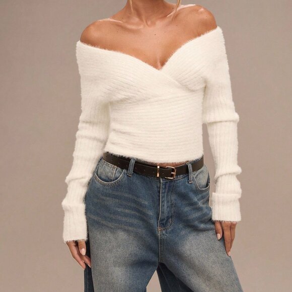 Apricot Casual Minimalist Women's Off-Shoulder Long Sleeve Sweater - Picture 7 of 8